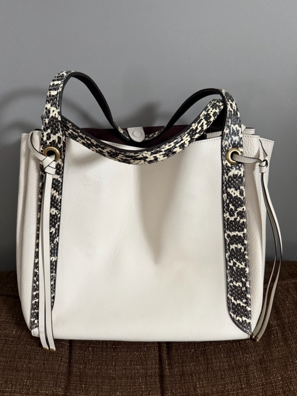Coach Harmony Handbag White Tote with Black & White Animal-Print Trim